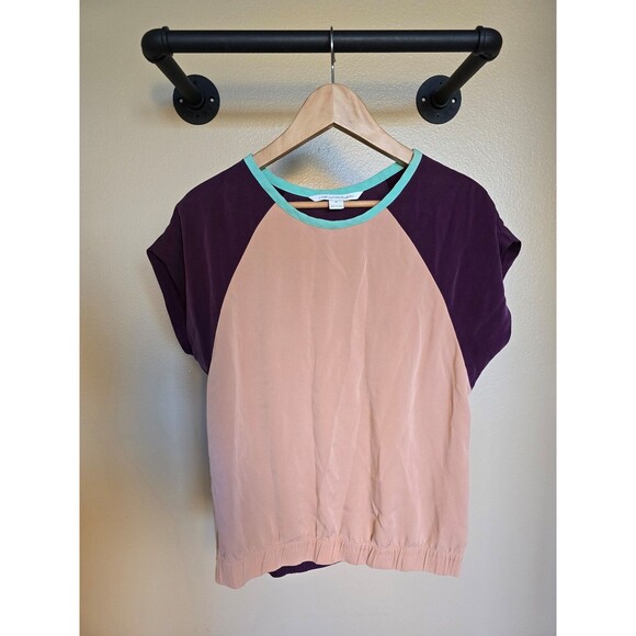 Diane Von Furstenberg color block silk baseball style shirt women's size medium - Picture 1 of 10